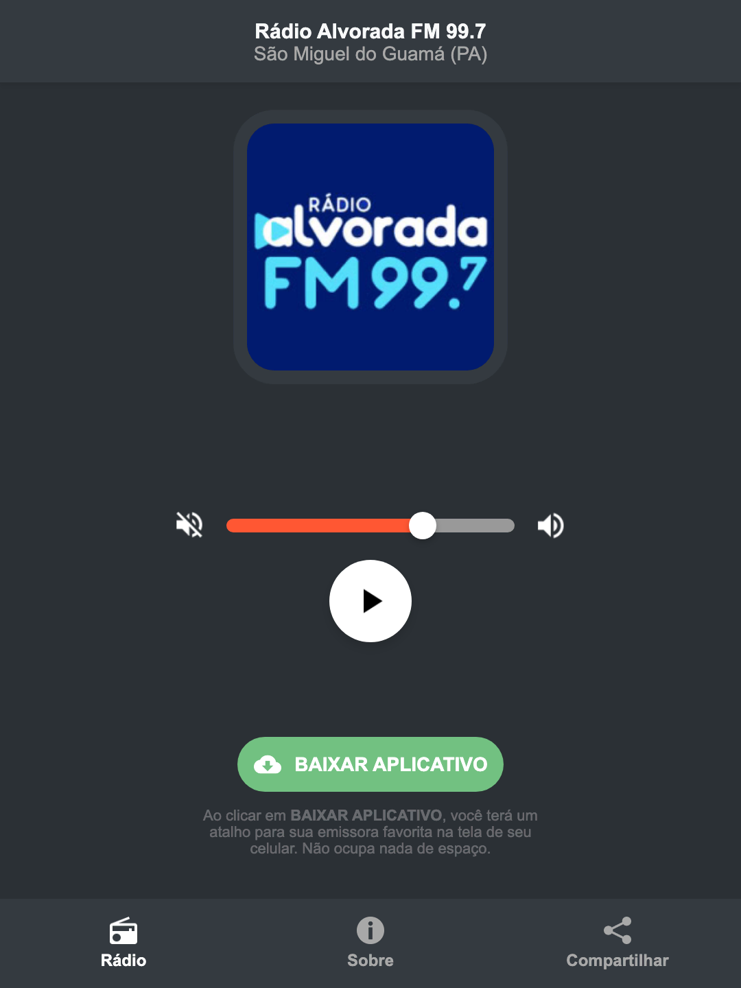 Screenshot do aplicativo da Rádio Alvorada FM 99.7