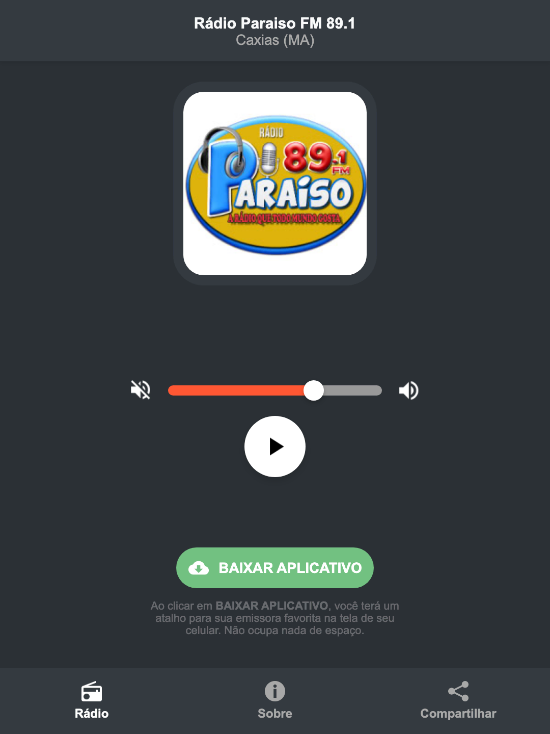 Screenshot do aplicativo da Rádio Paraiso FM 89.1