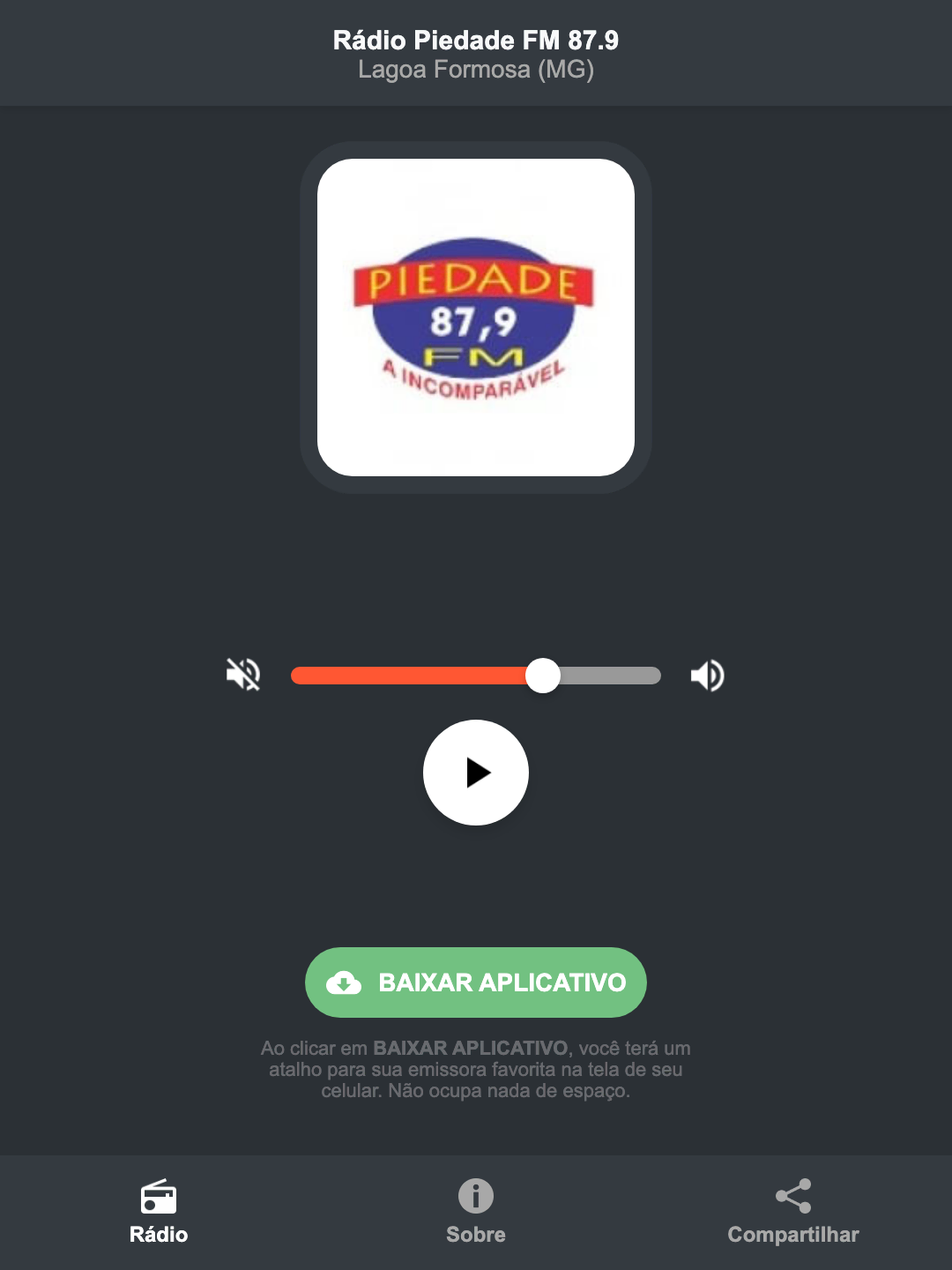 Screenshot do aplicativo da Rádio Piedade FM 87.9