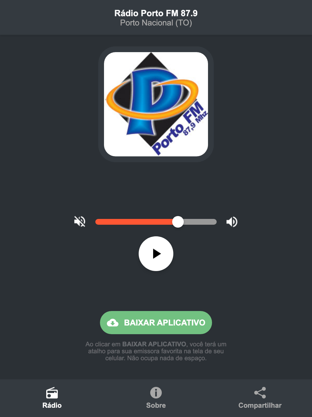 Screenshot do aplicativo da Rádio Porto FM 87.9