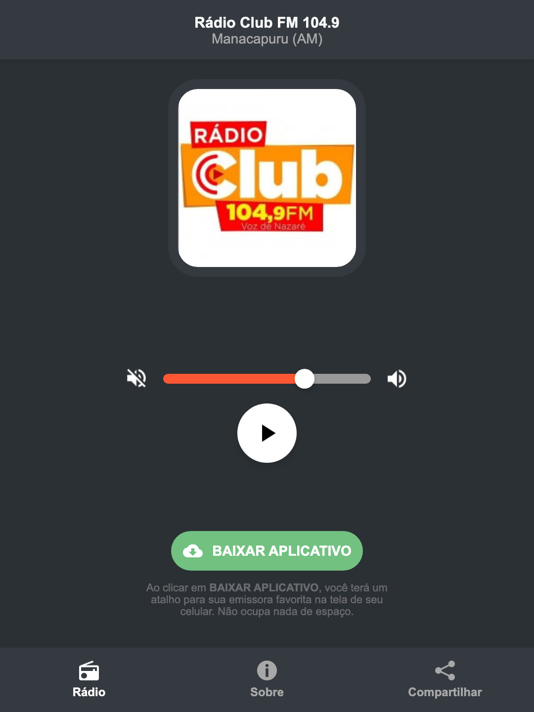 Screenshot do aplicativo da Rádio Club FM 104.9
