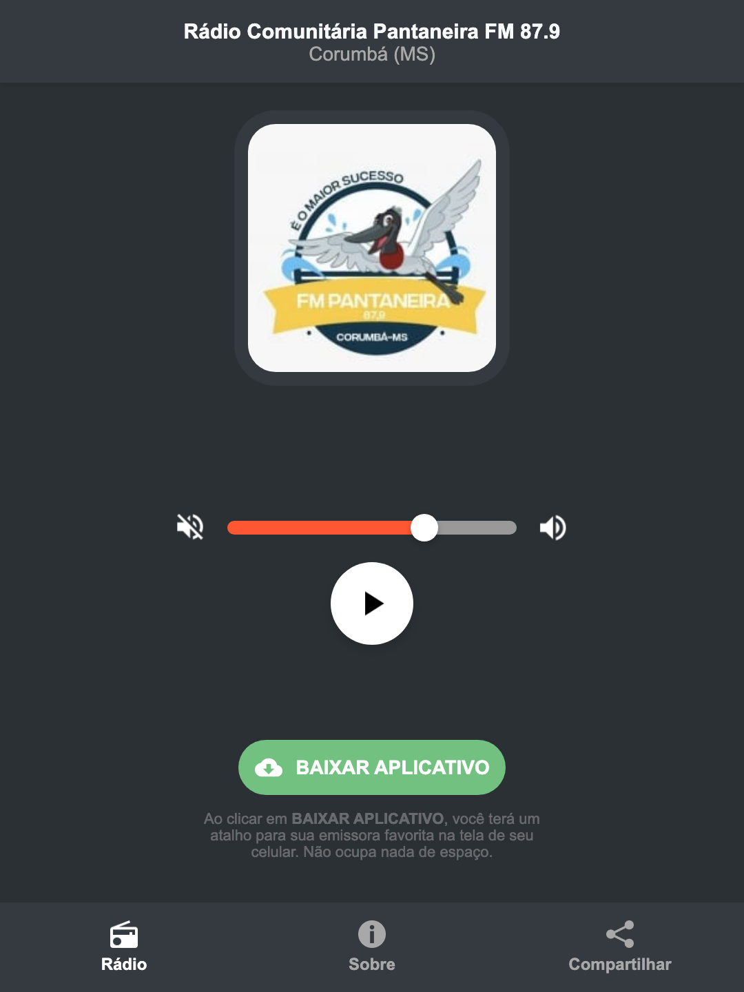 Screenshot do aplicativo da Rádio Comunitária Pantaneira FM 87.9