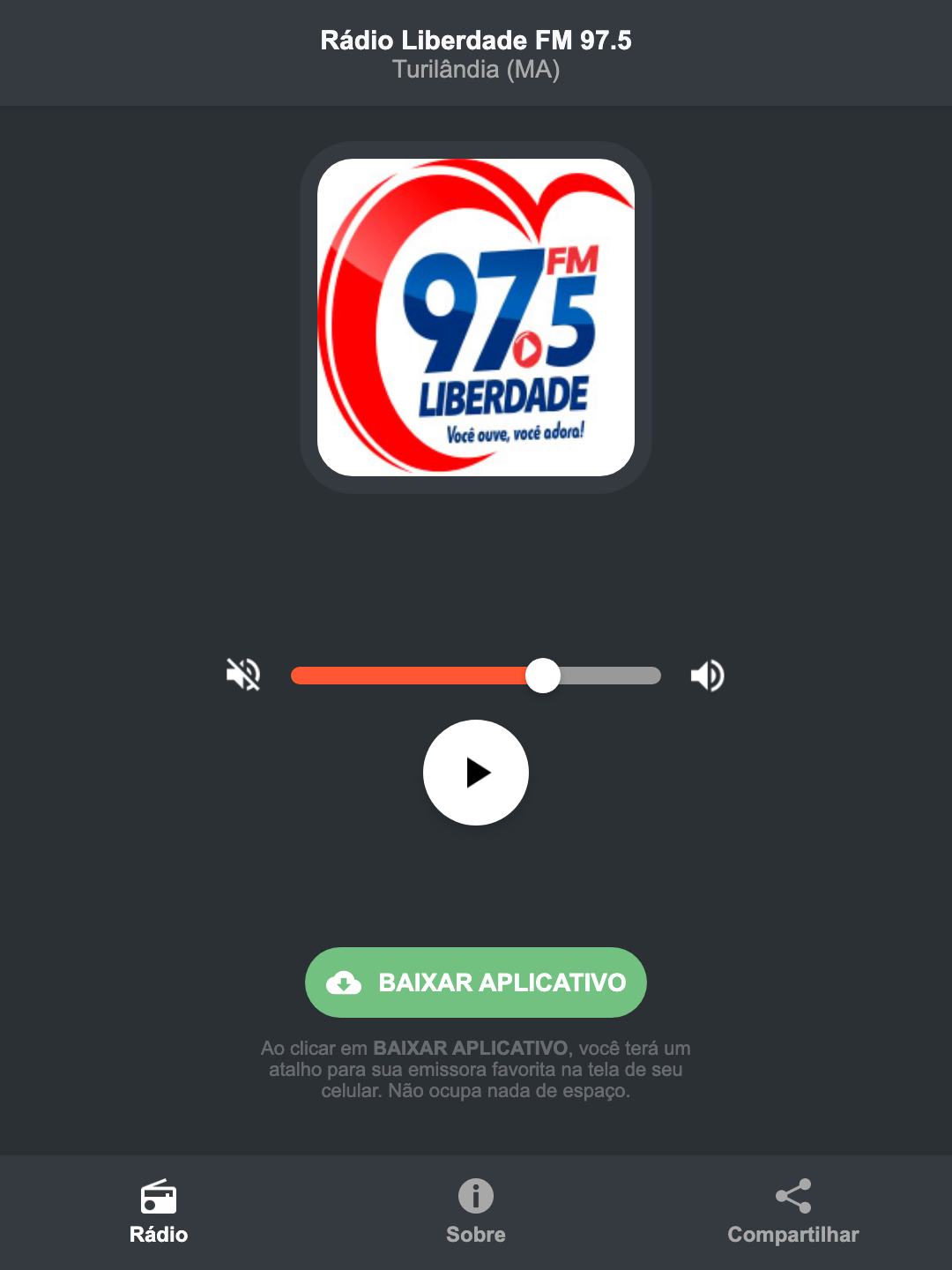 Screenshot do aplicativo da Rádio Liberdade FM 97.5
