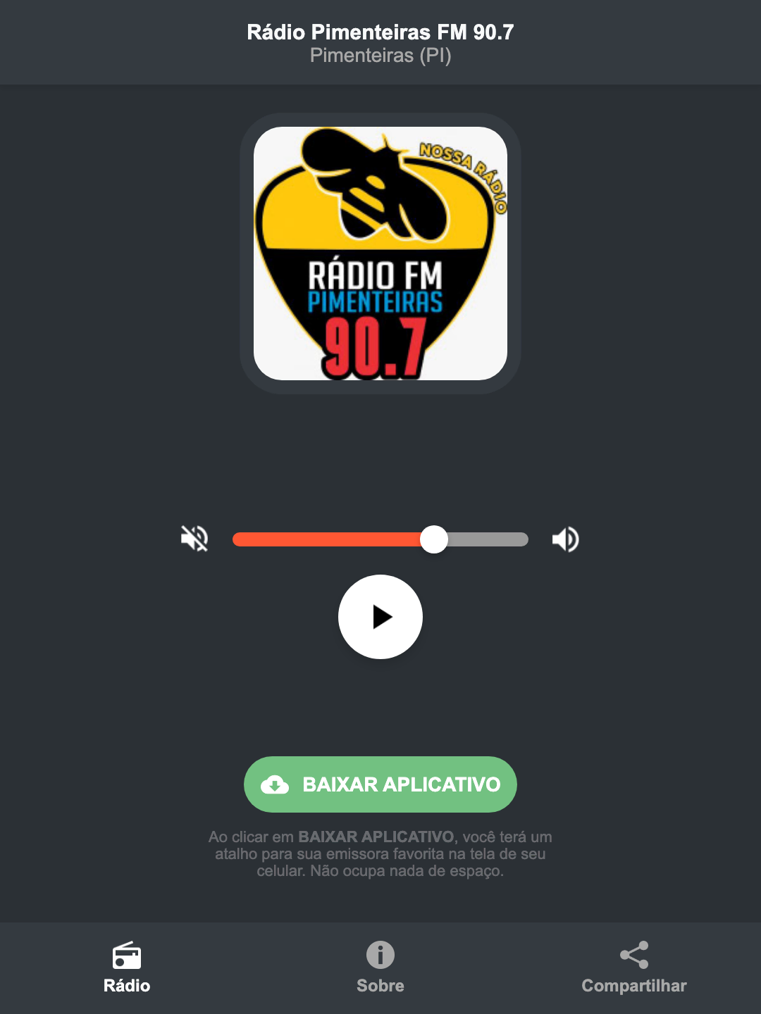 Screenshot do aplicativo da Rádio Pimenteiras FM 90.7