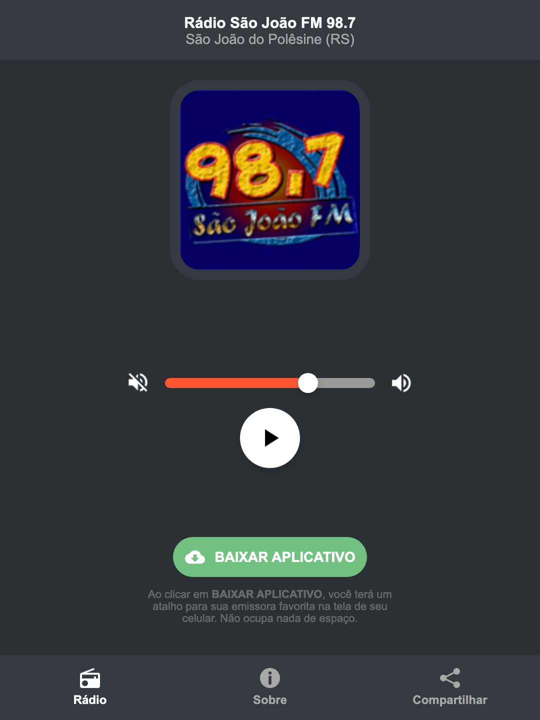Screenshot do aplicativo da Rádio São João FM 98.7