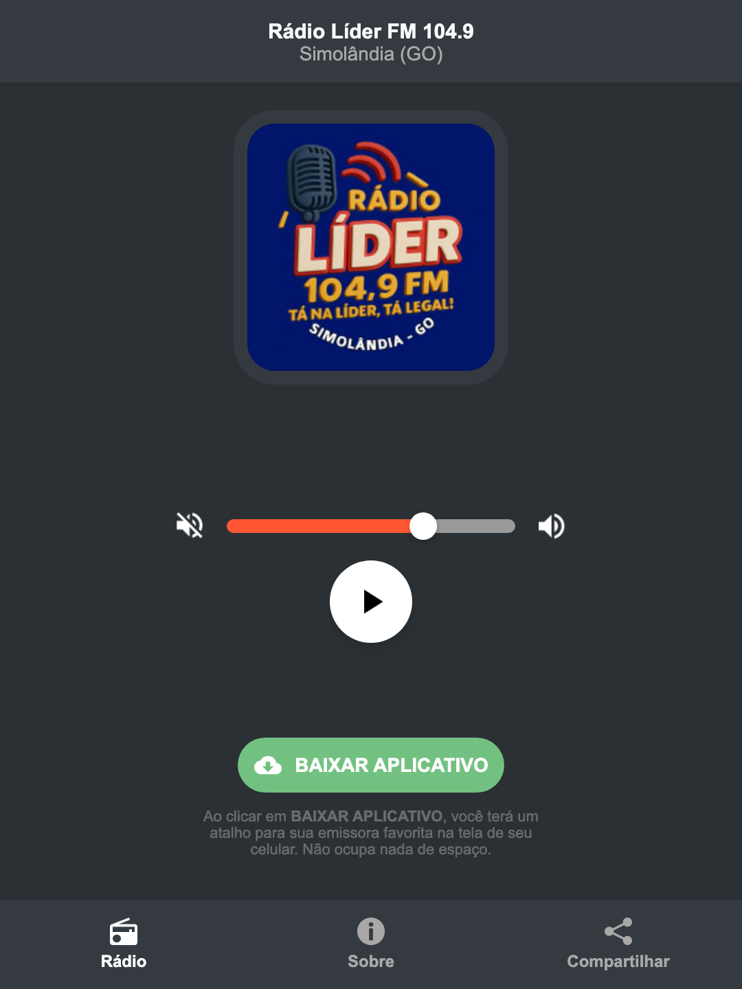 Screenshot do aplicativo da Rádio Líder FM 104.9