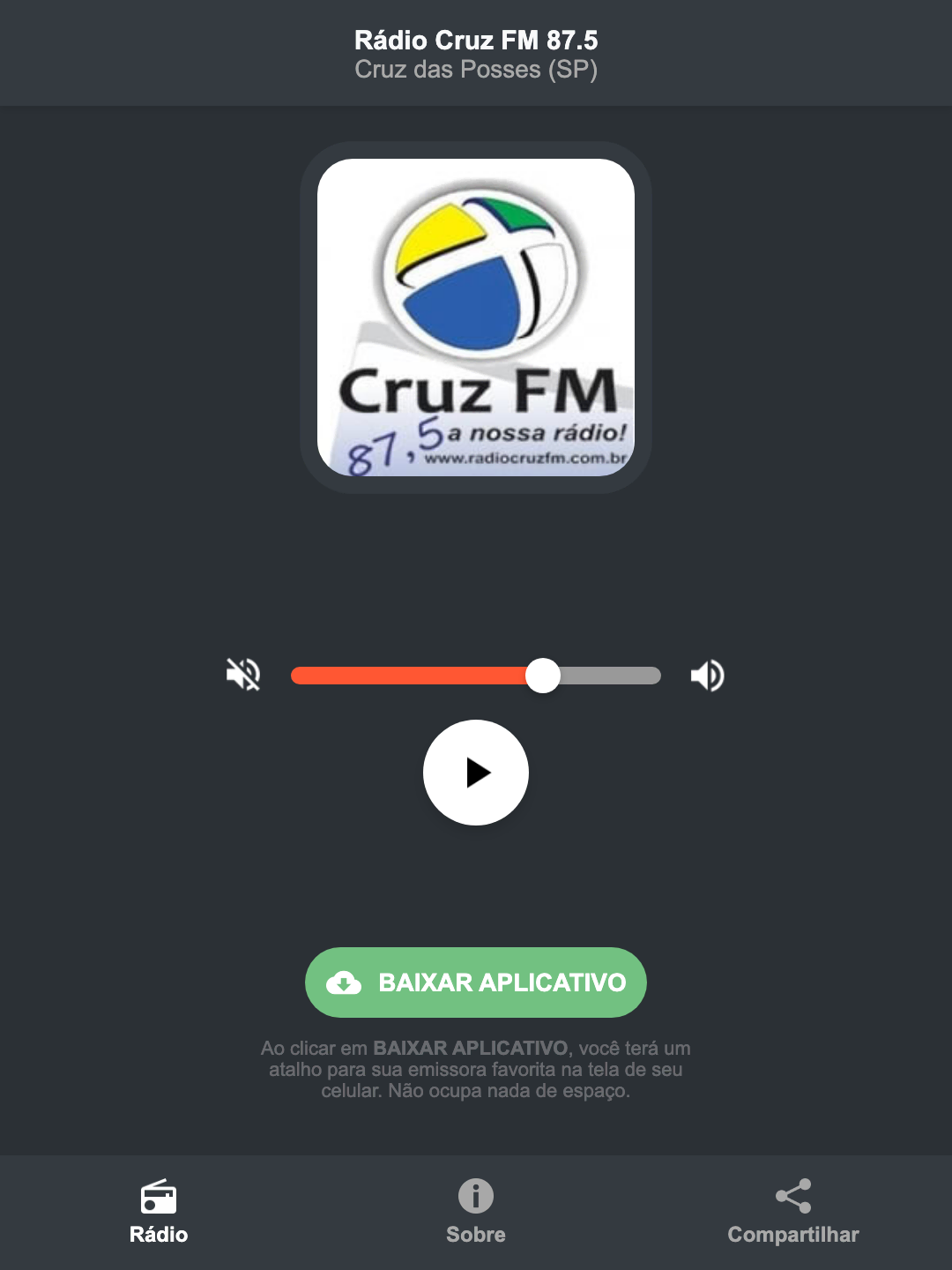 Screenshot do aplicativo da Rádio Cruz FM 87.5