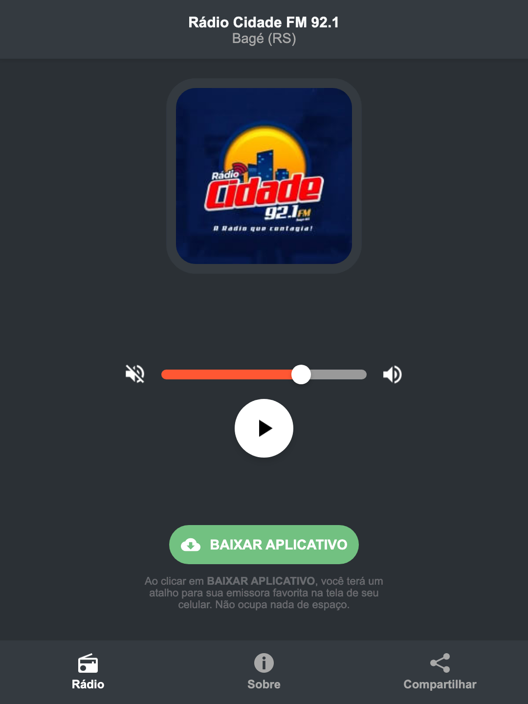 Screenshot do aplicativo da Rádio Cidade FM 92.1