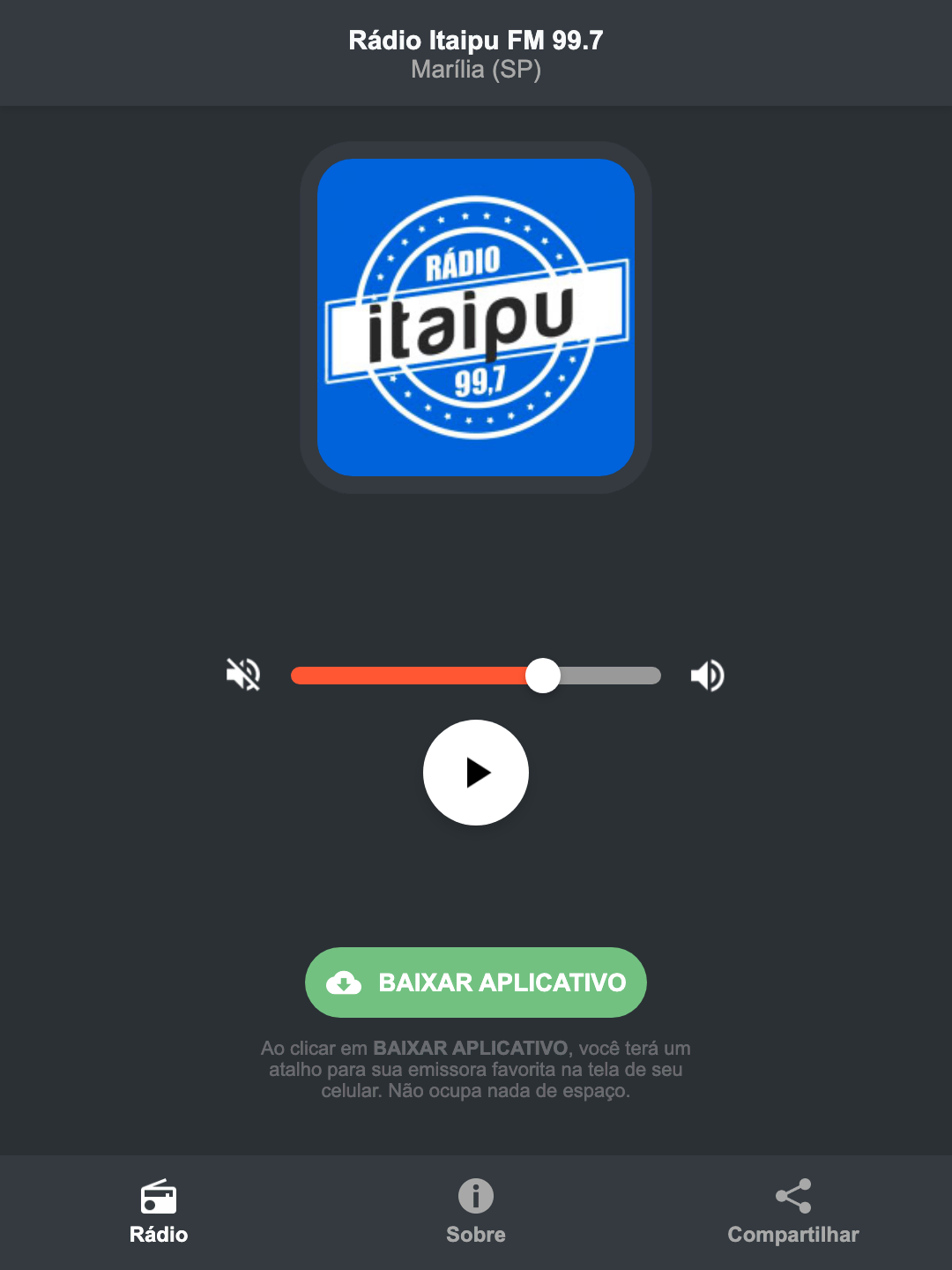 Screenshot do aplicativo da Rádio Itaipu FM 99.7
