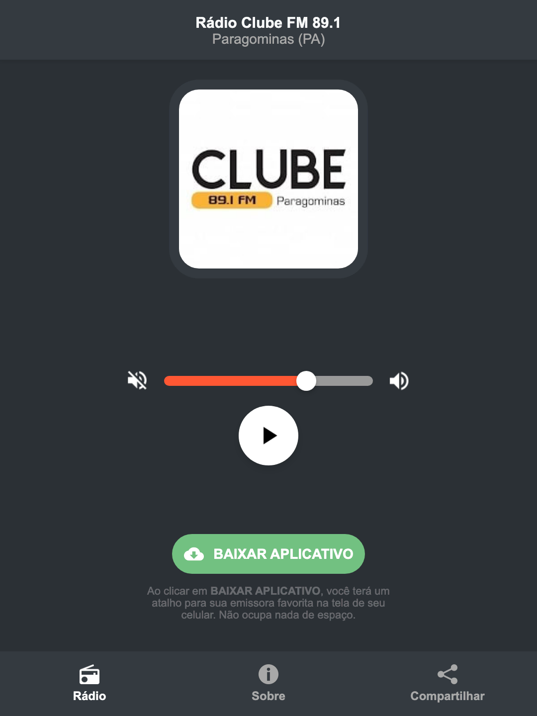 Screenshot do aplicativo da Rádio Clube FM 89.1