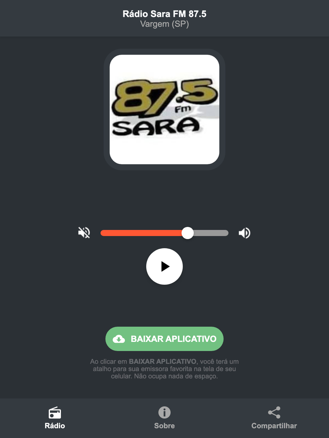 Screenshot do aplicativo da Rádio Sara FM 87.5