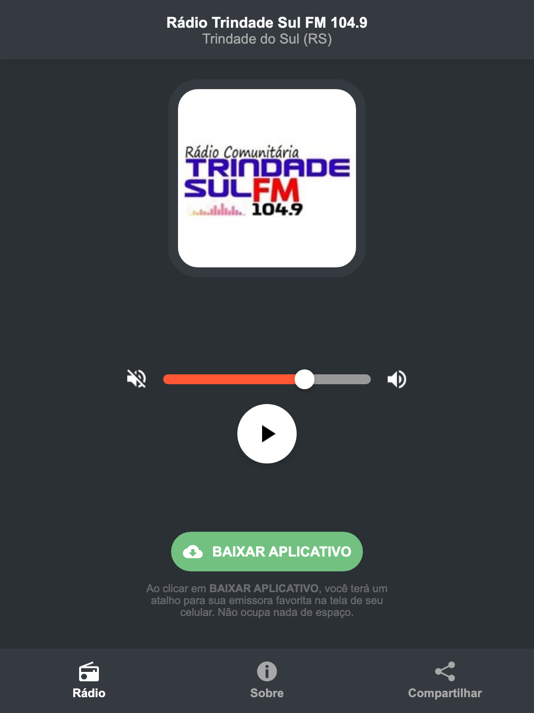 Screenshot do aplicativo da Rádio Trindade Sul FM 104.9