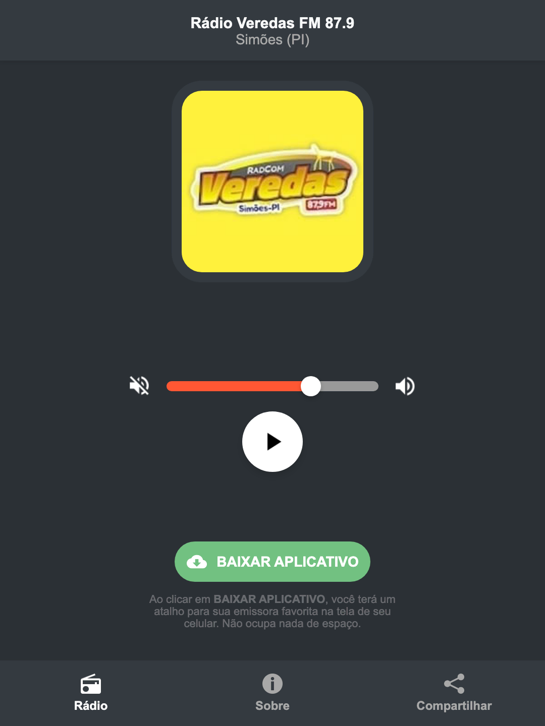 Screenshot do aplicativo da Rádio Veredas FM 87.9