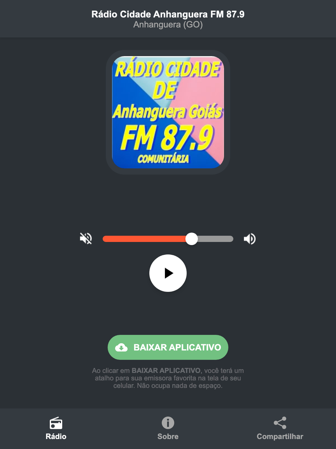 Screenshot do aplicativo da Rádio Cidade Anhanguera FM 87.9