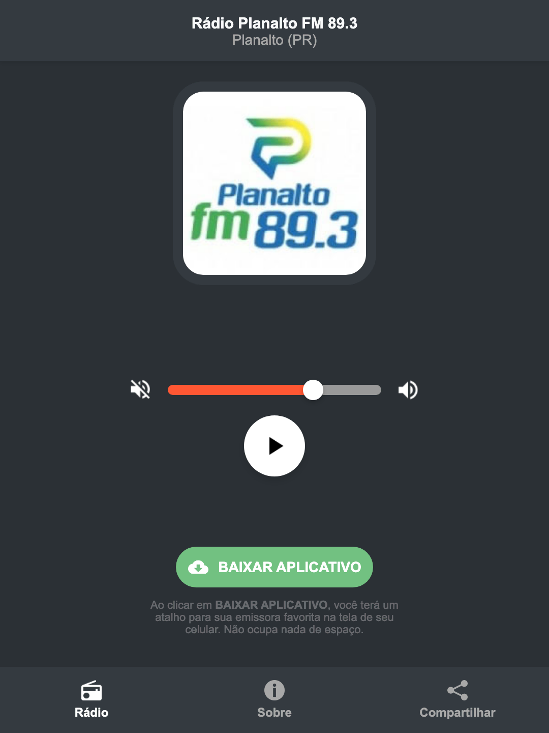 Screenshot do aplicativo da Rádio Planalto FM 89.3