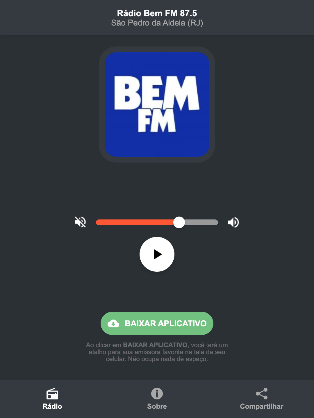 Screenshot do aplicativo da Rádio Bem FM 87.5