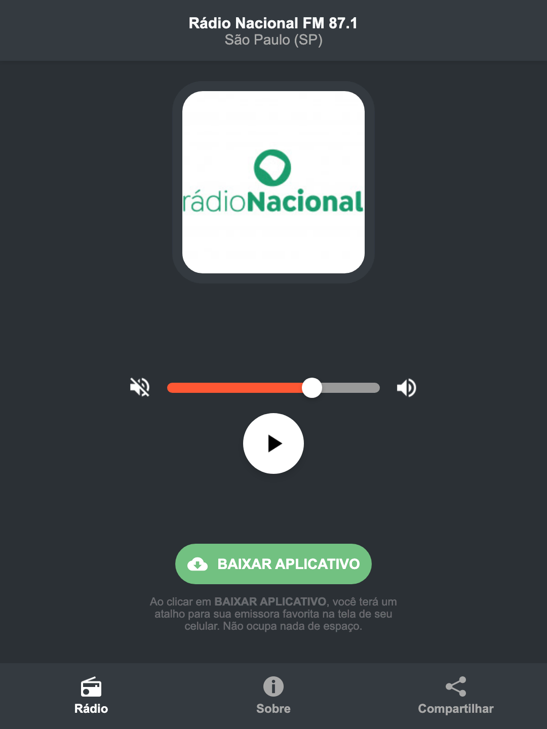Screenshot do aplicativo da Rádio Nacional FM 87.1
