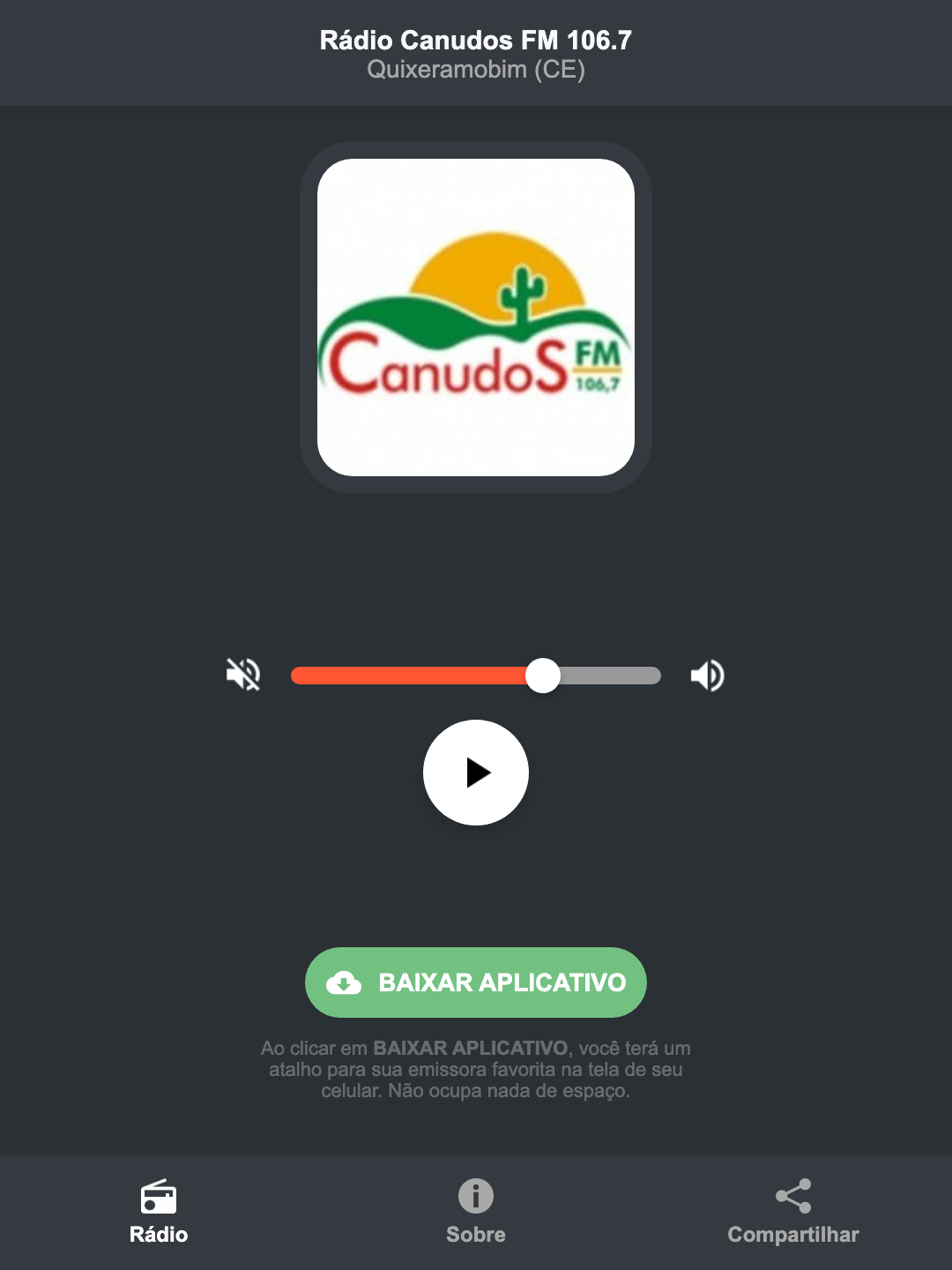 Screenshot do aplicativo da Rádio Canudos FM 106.7