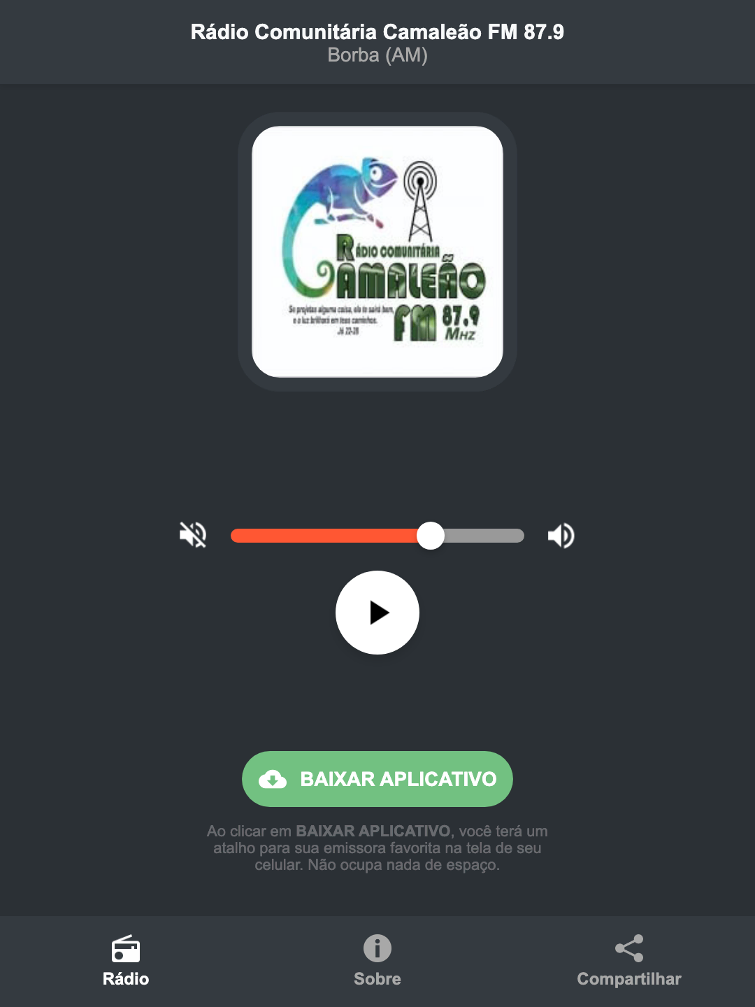 Screenshot do aplicativo da Rádio Comunitária Camaleão FM 87.9