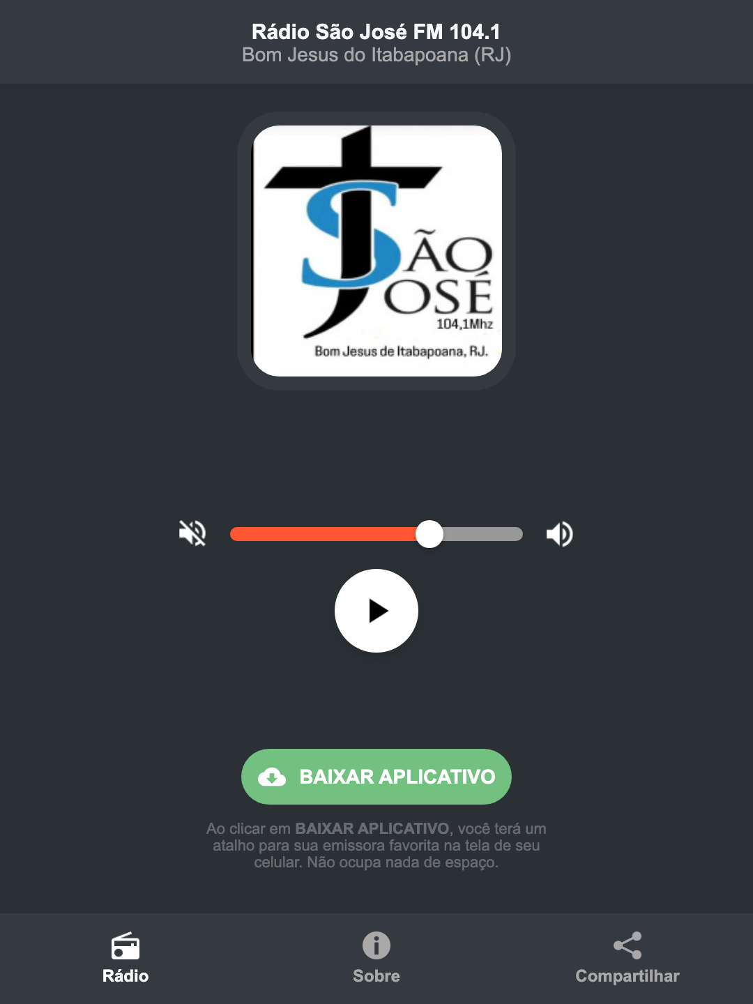 Screenshot do aplicativo da Rádio São José FM 104.1