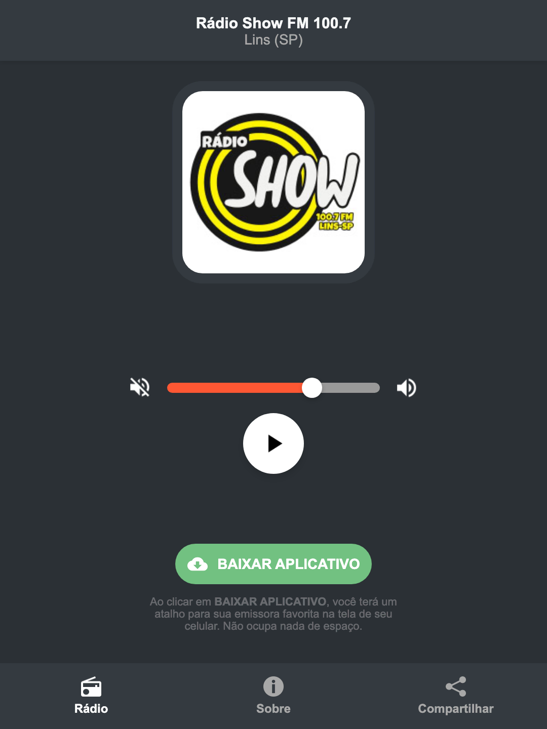 Screenshot do aplicativo da Rádio Show FM 100.7