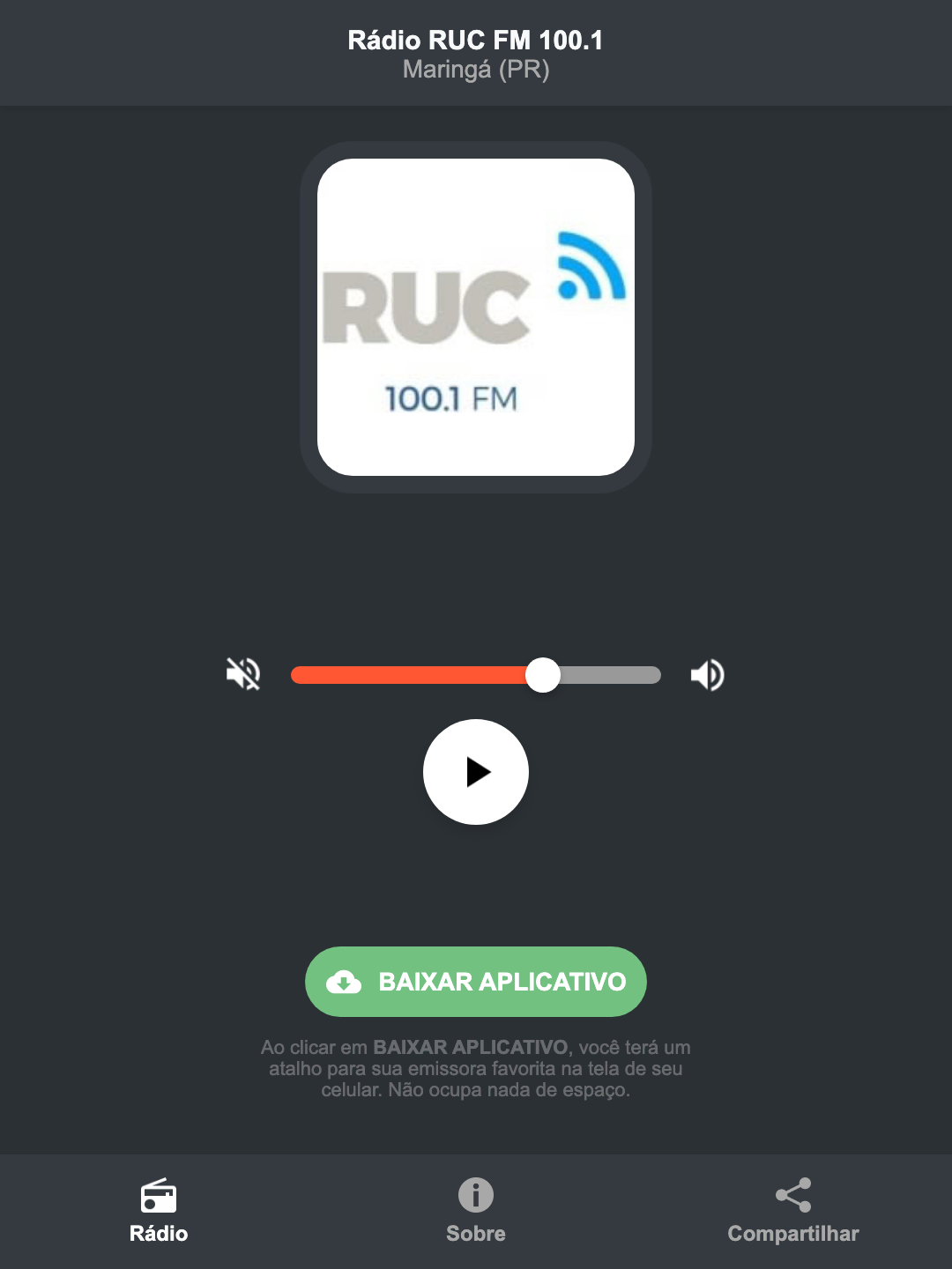 Screenshot do aplicativo da Rádio RUC FM 100.1