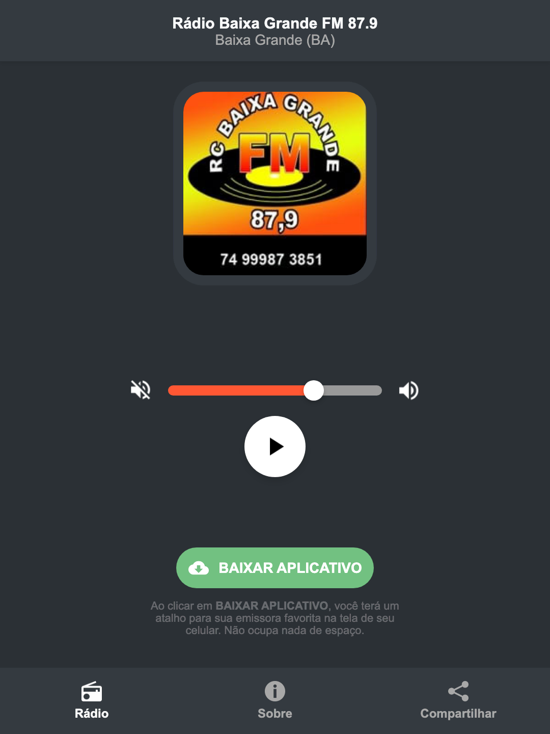 Screenshot do aplicativo da Rádio Baixa Grande FM 87.9