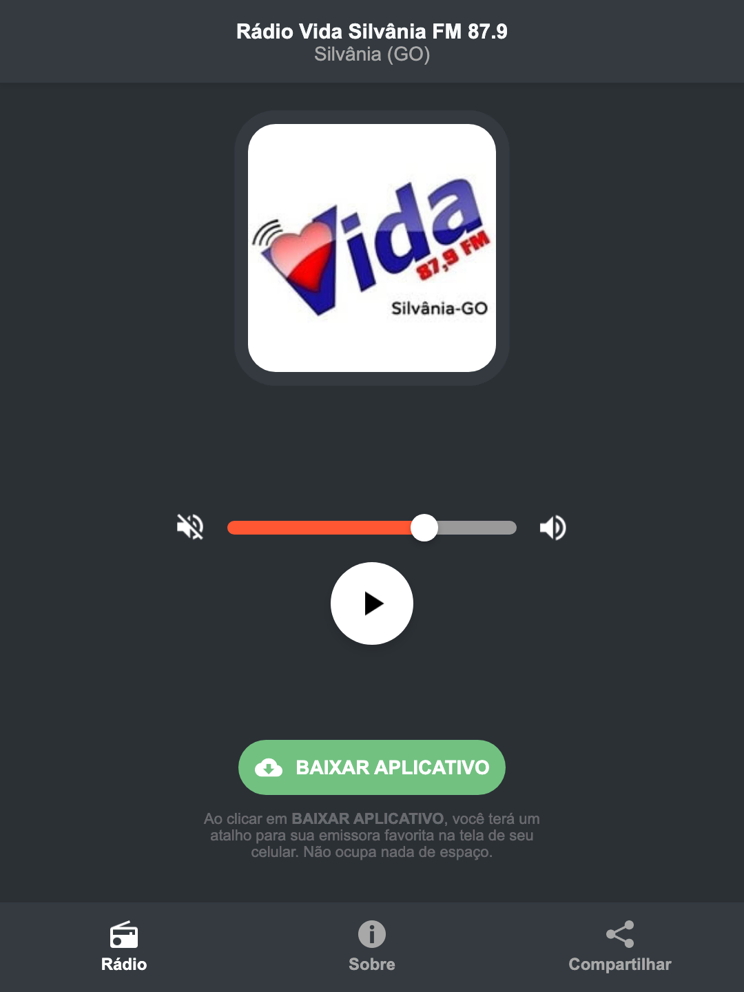 Screenshot do aplicativo da Rádio Vida Silvânia FM 87.9
