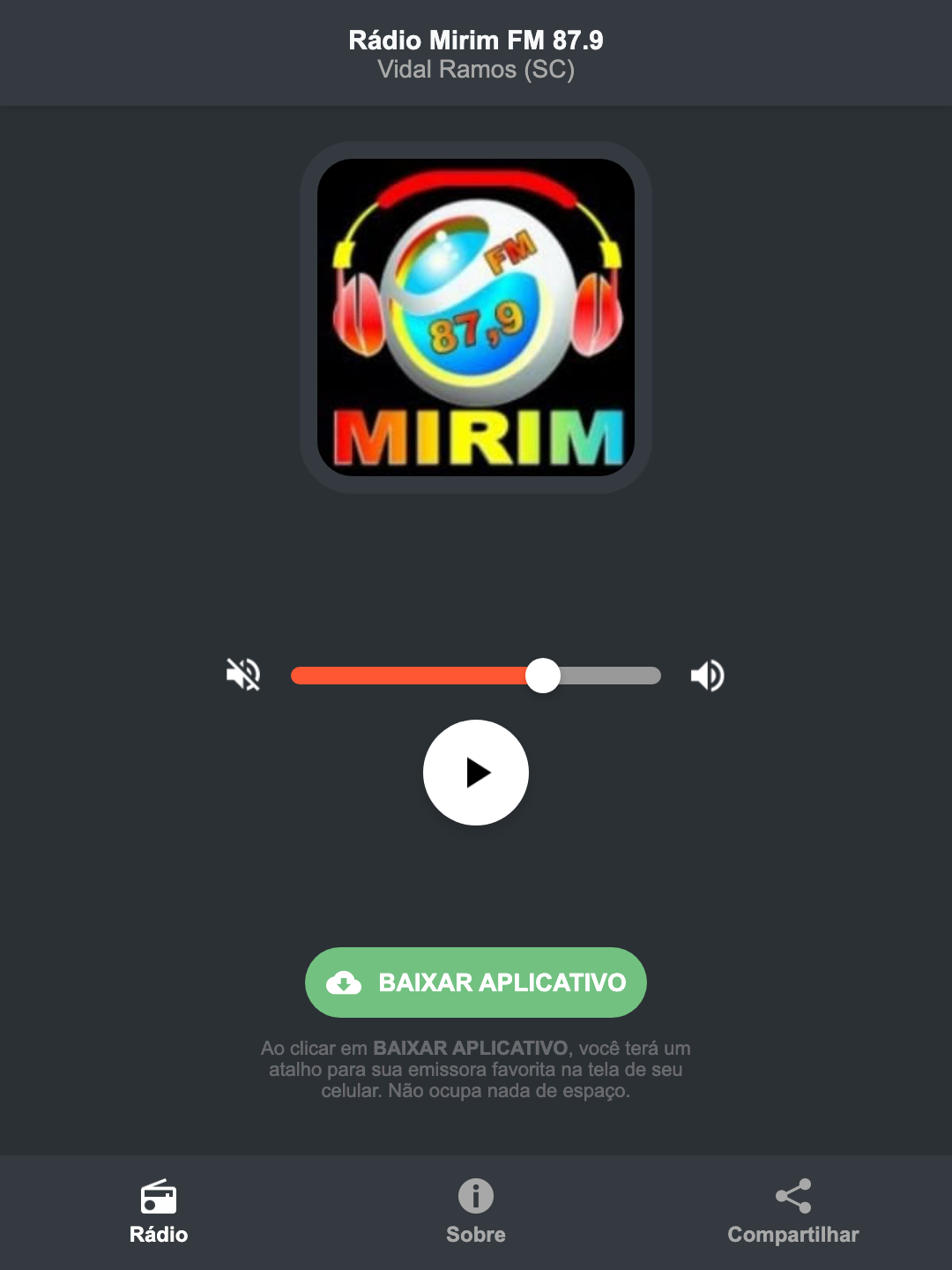 Screenshot do aplicativo da Rádio Mirim FM 87.9
