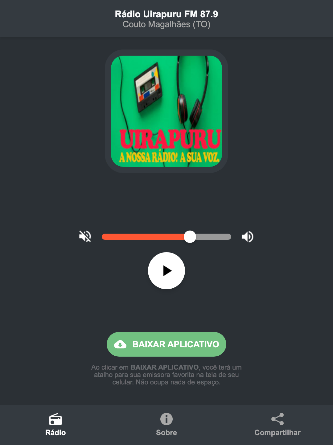 Screenshot do aplicativo da Rádio Uirapuru FM 87.9