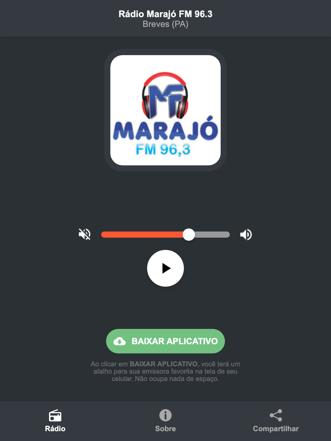 Screenshot do aplicativo da Rádio Marajó FM 96.3
