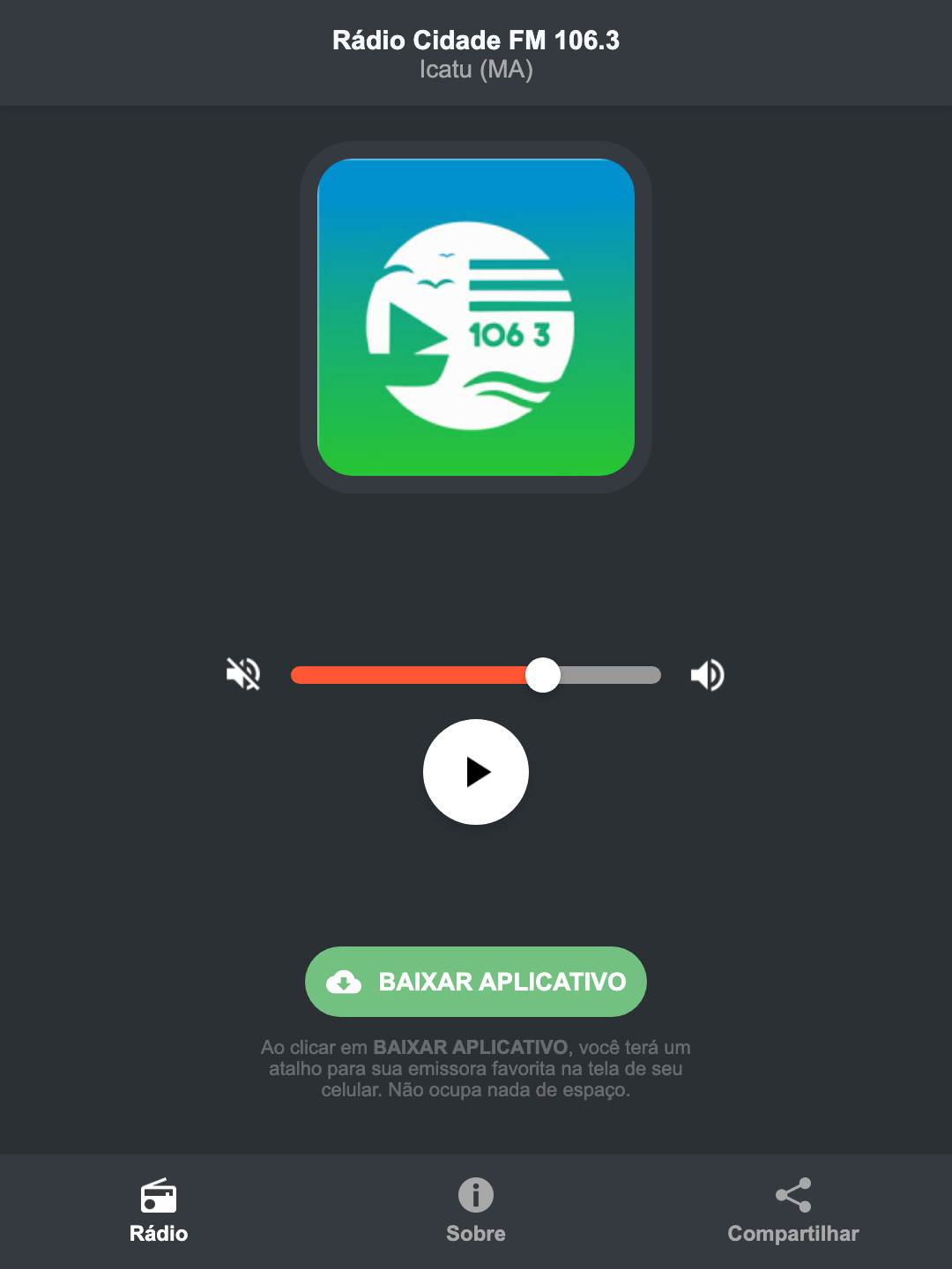 Screenshot do aplicativo da Rádio Cidade FM 106.3