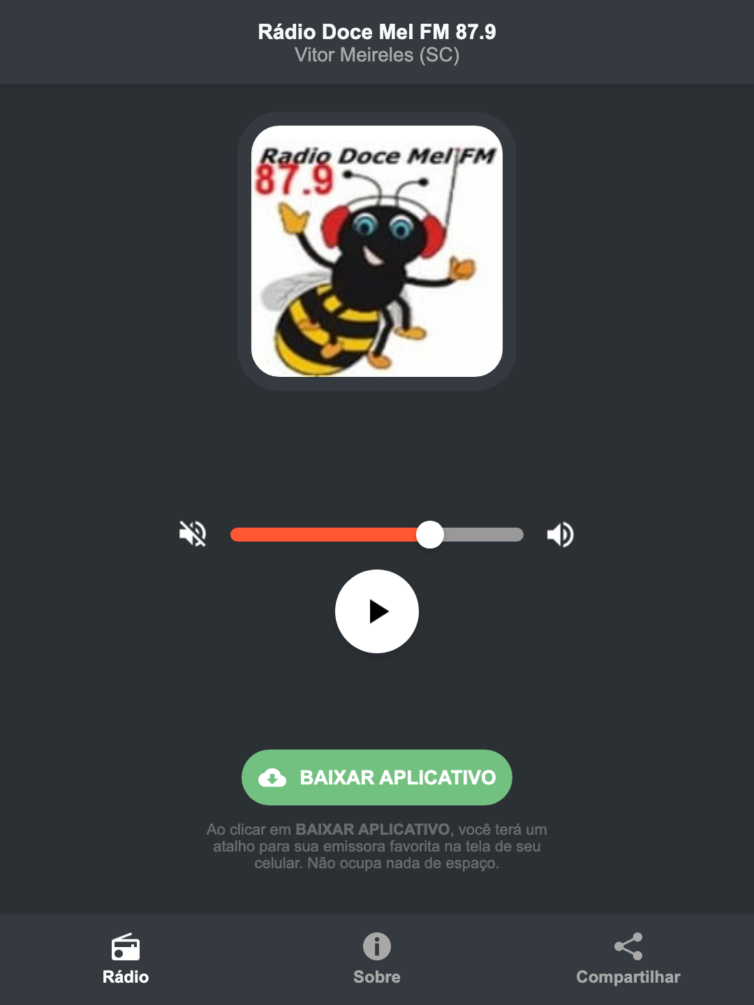 Screenshot do aplicativo da Rádio Doce Mel FM 87.9