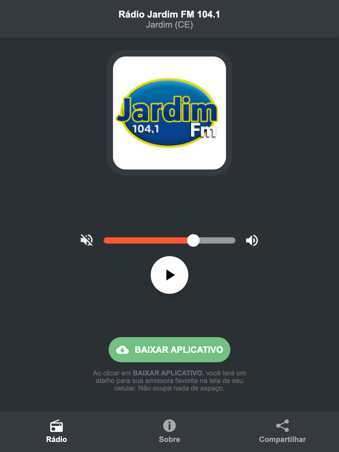 Screenshot do aplicativo da Rádio Jardim FM 104.1