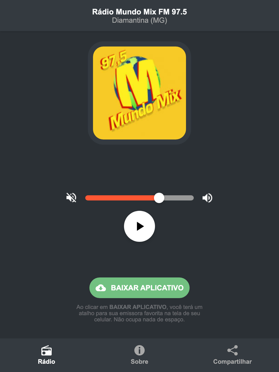 Screenshot do aplicativo da Rádio Mundo Mix FM 97.5