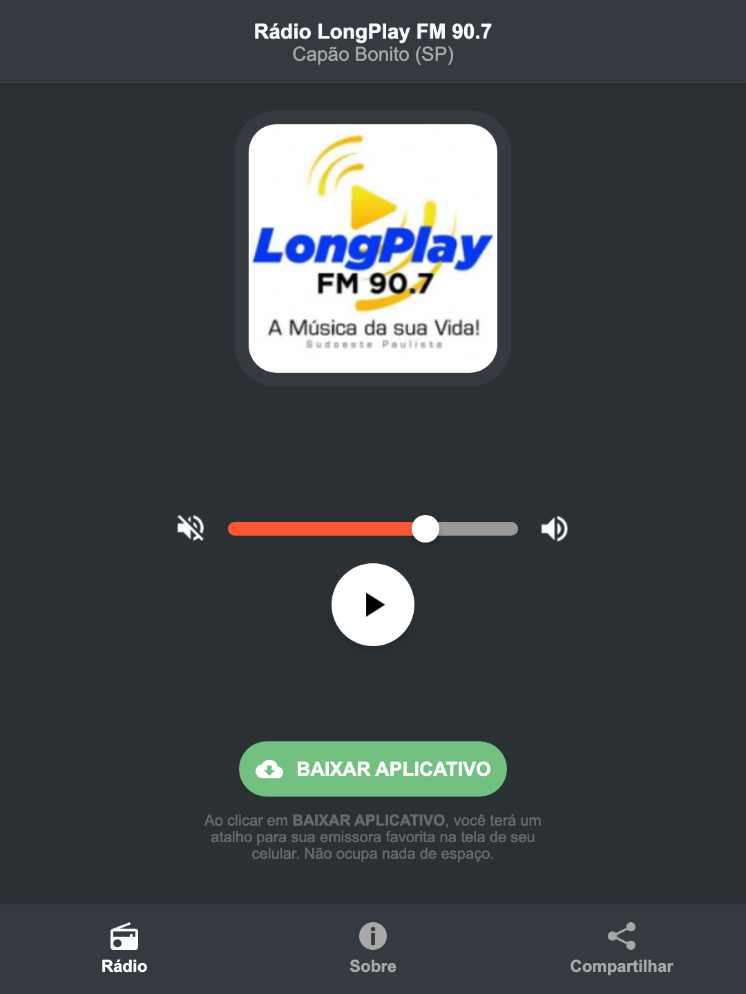 Screenshot do aplicativo da Rádio LongPlay FM 90.7