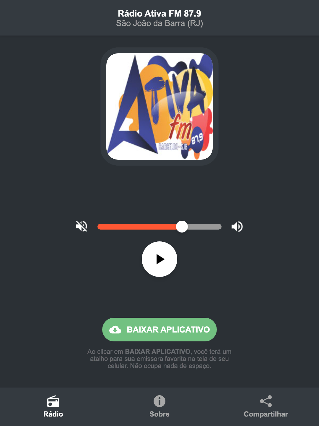 Screenshot do aplicativo da Rádio Ativa FM 87.9