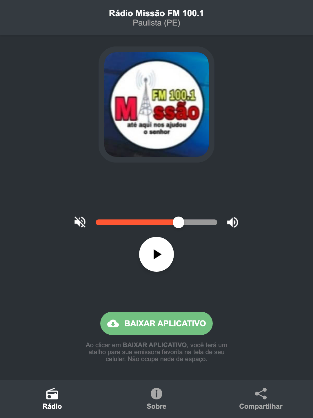 Screenshot do aplicativo da Rádio Missão FM 100.1
