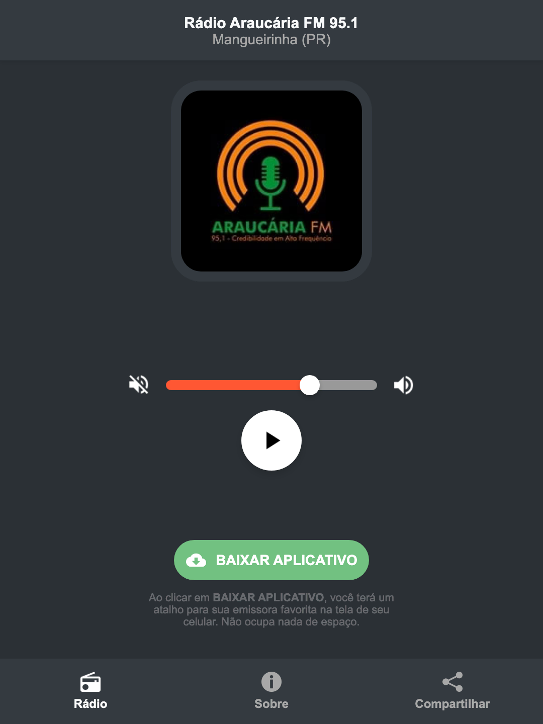 Screenshot do aplicativo da Rádio Araucária FM 95.1