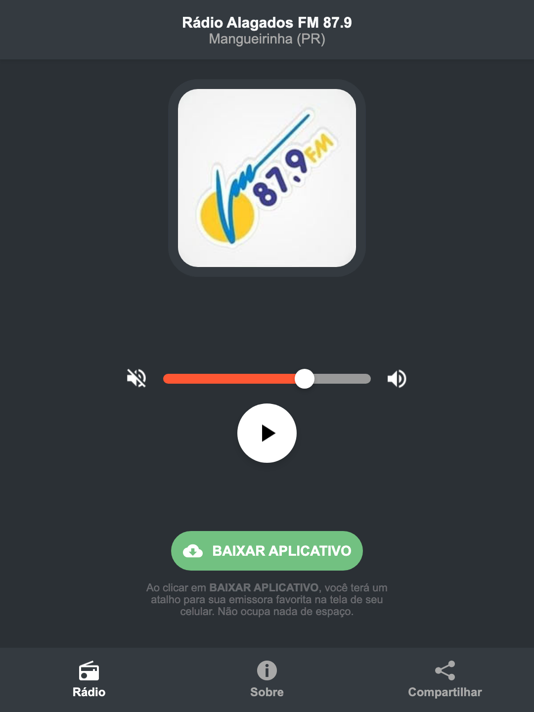 Screenshot do aplicativo da Rádio Alagados FM 87.9