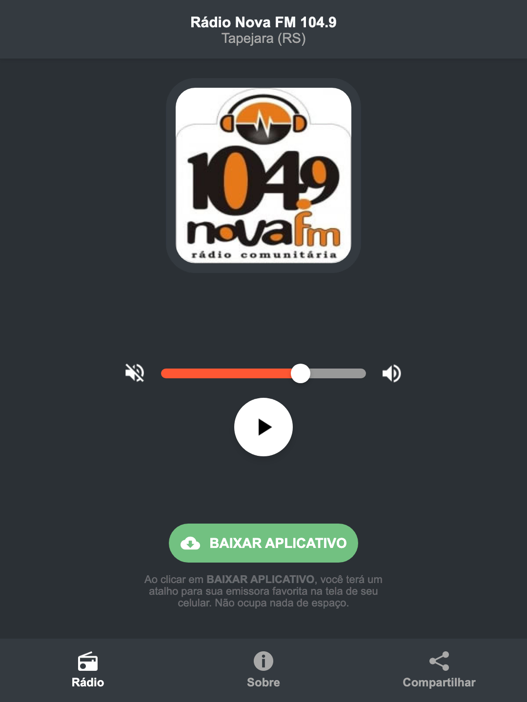 Screenshot do aplicativo da Rádio Nova FM 104.9