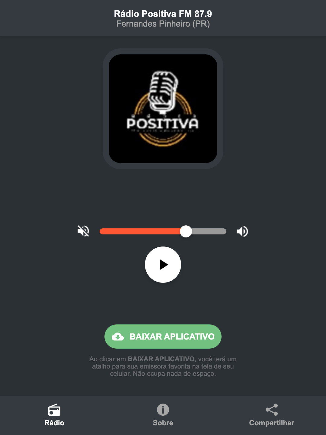 Screenshot do aplicativo da Rádio Positiva FM 87.9