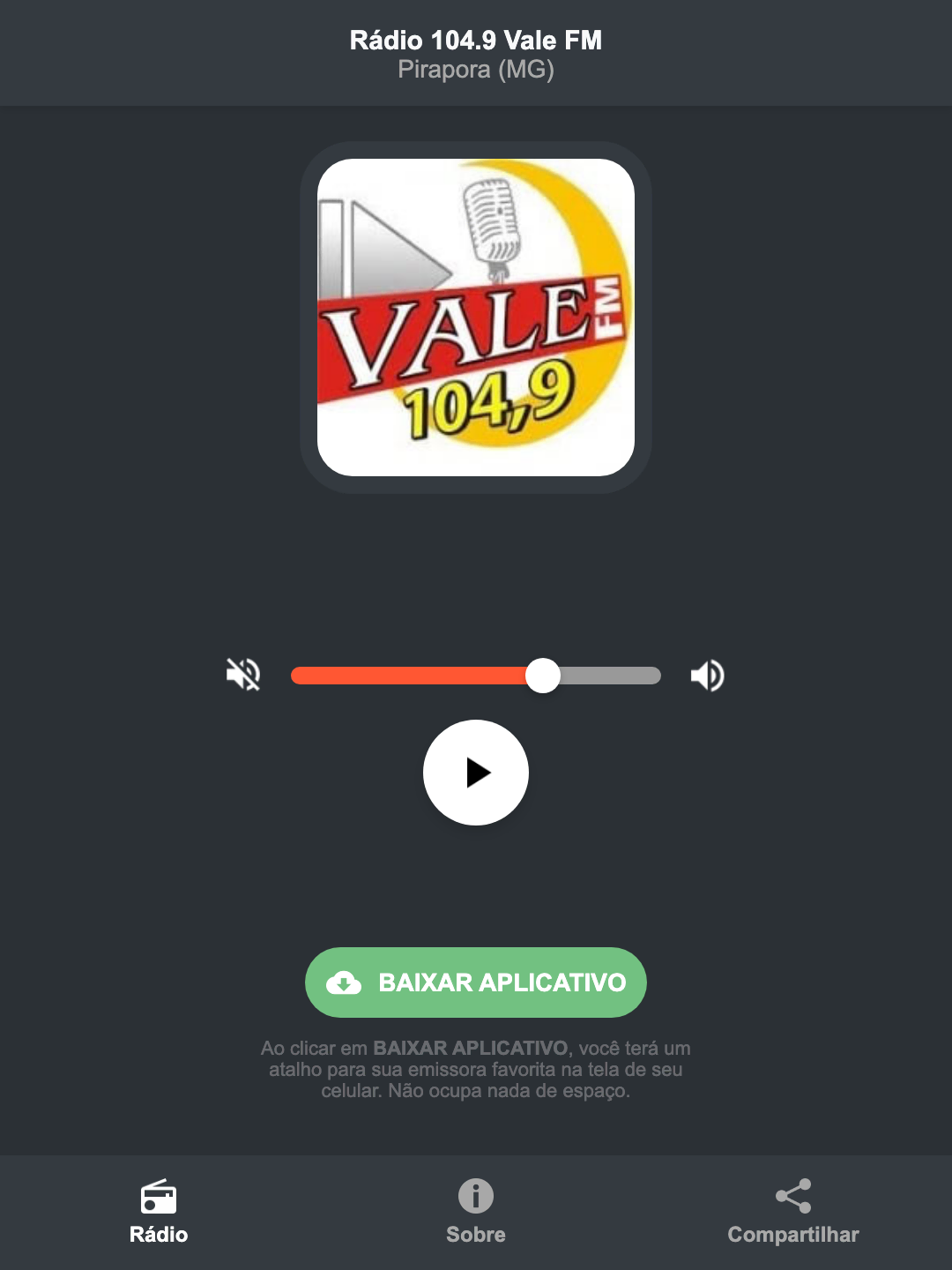 Screenshot do aplicativo da Rádio 104.9 Vale FM