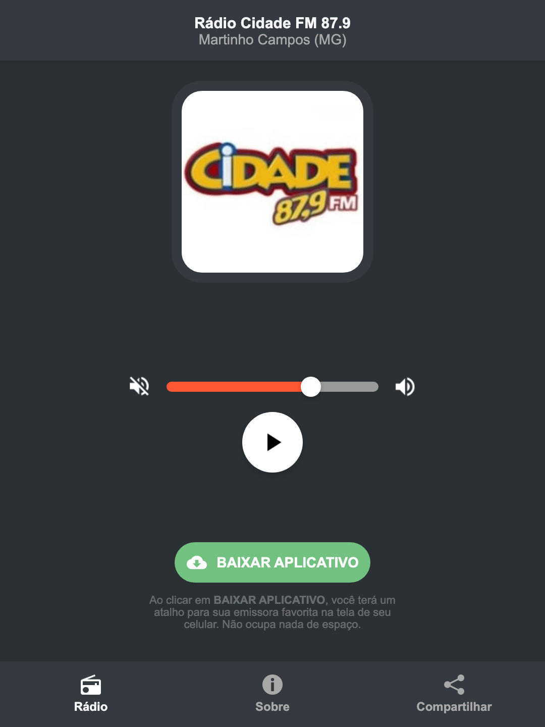 Screenshot do aplicativo da Rádio Cidade FM 87.9