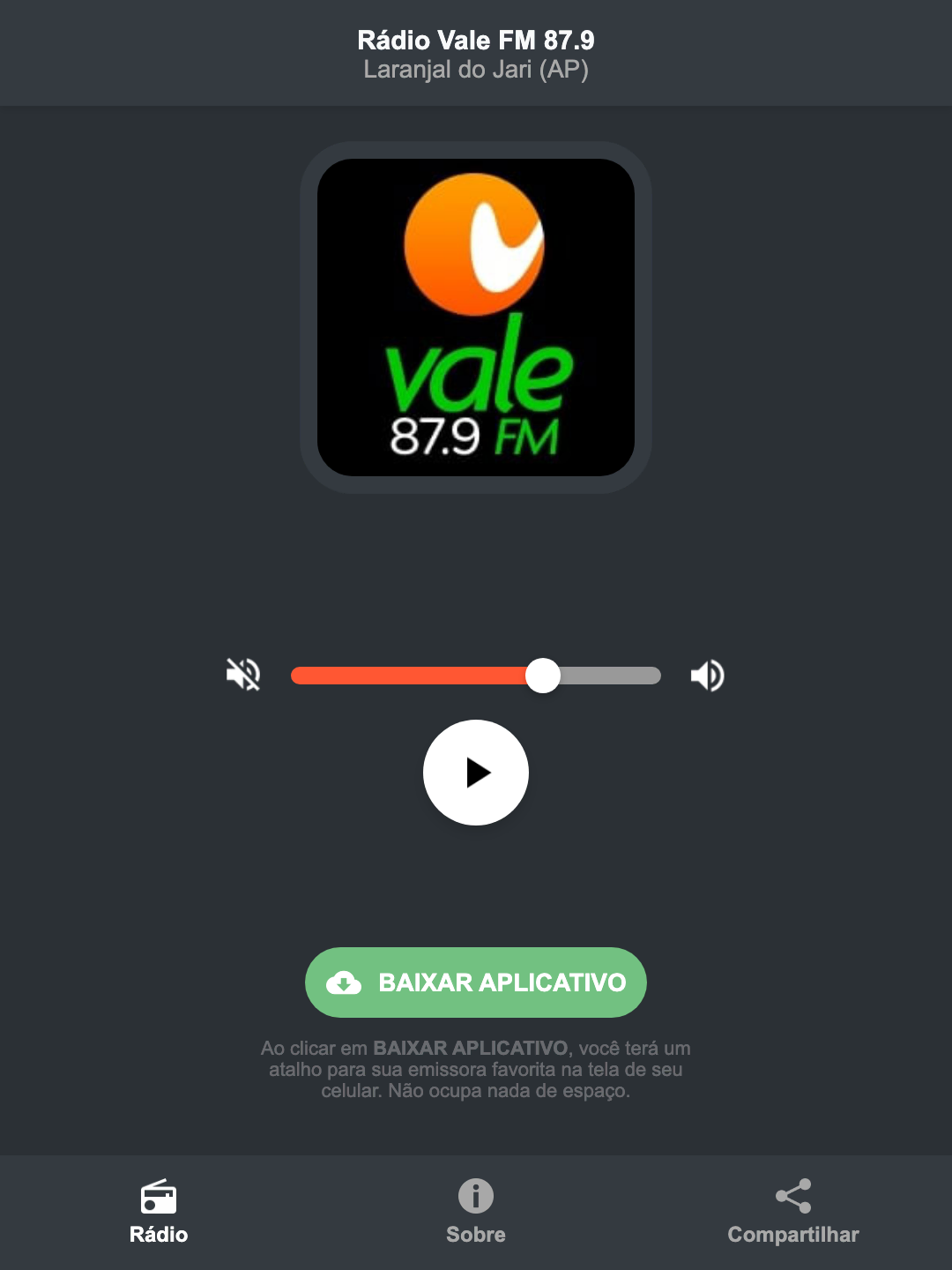 Screenshot do aplicativo da Rádio Vale FM 87.9
