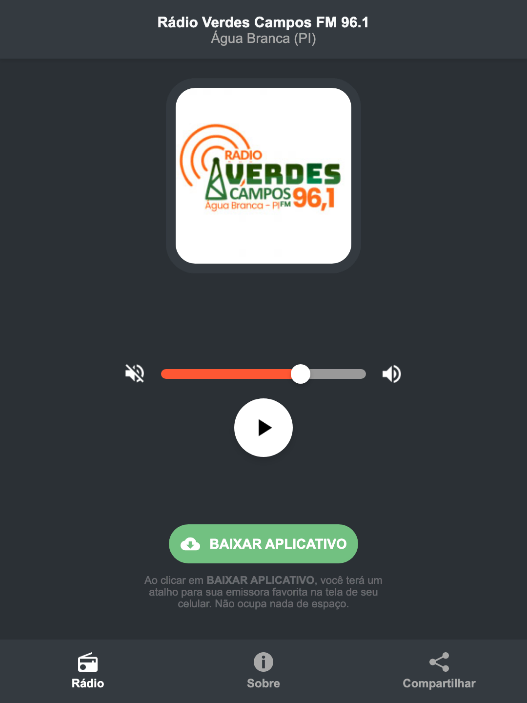 Screenshot do aplicativo da Rádio Verdes Campos FM 96.1