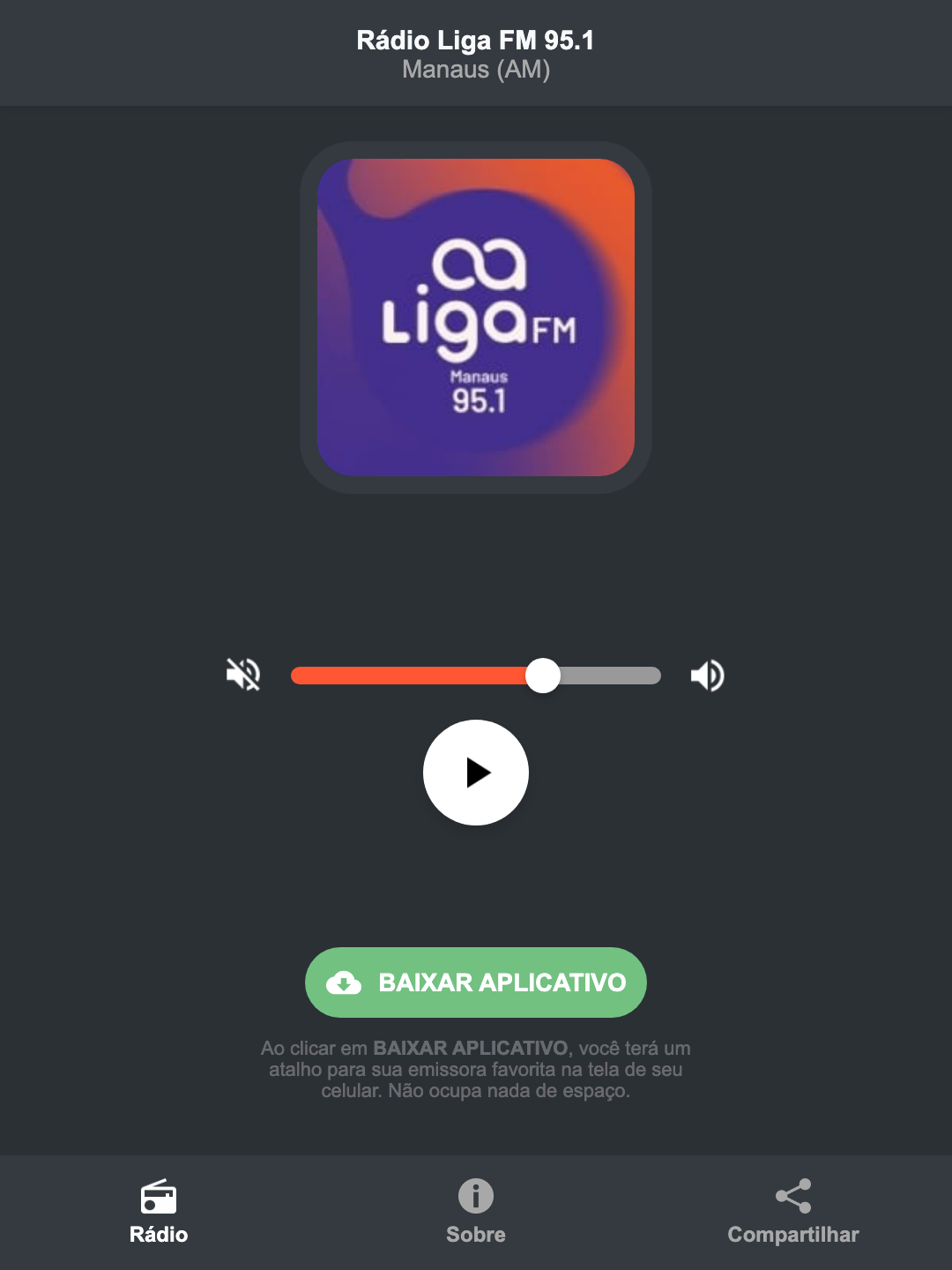 Screenshot do aplicativo da Rádio Liga FM 95.1