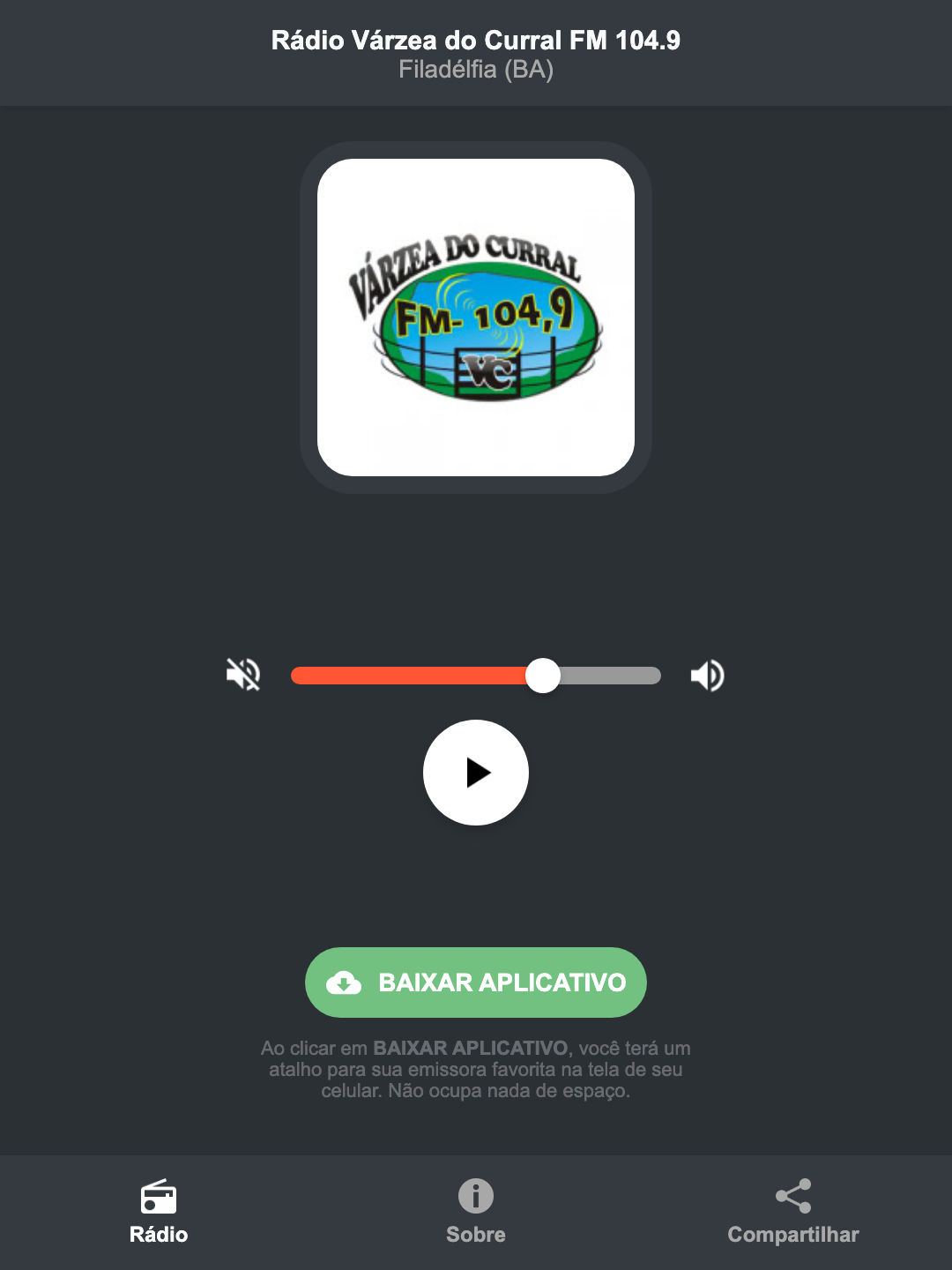 Screenshot do aplicativo da Rádio Várzea do Curral FM 104.9