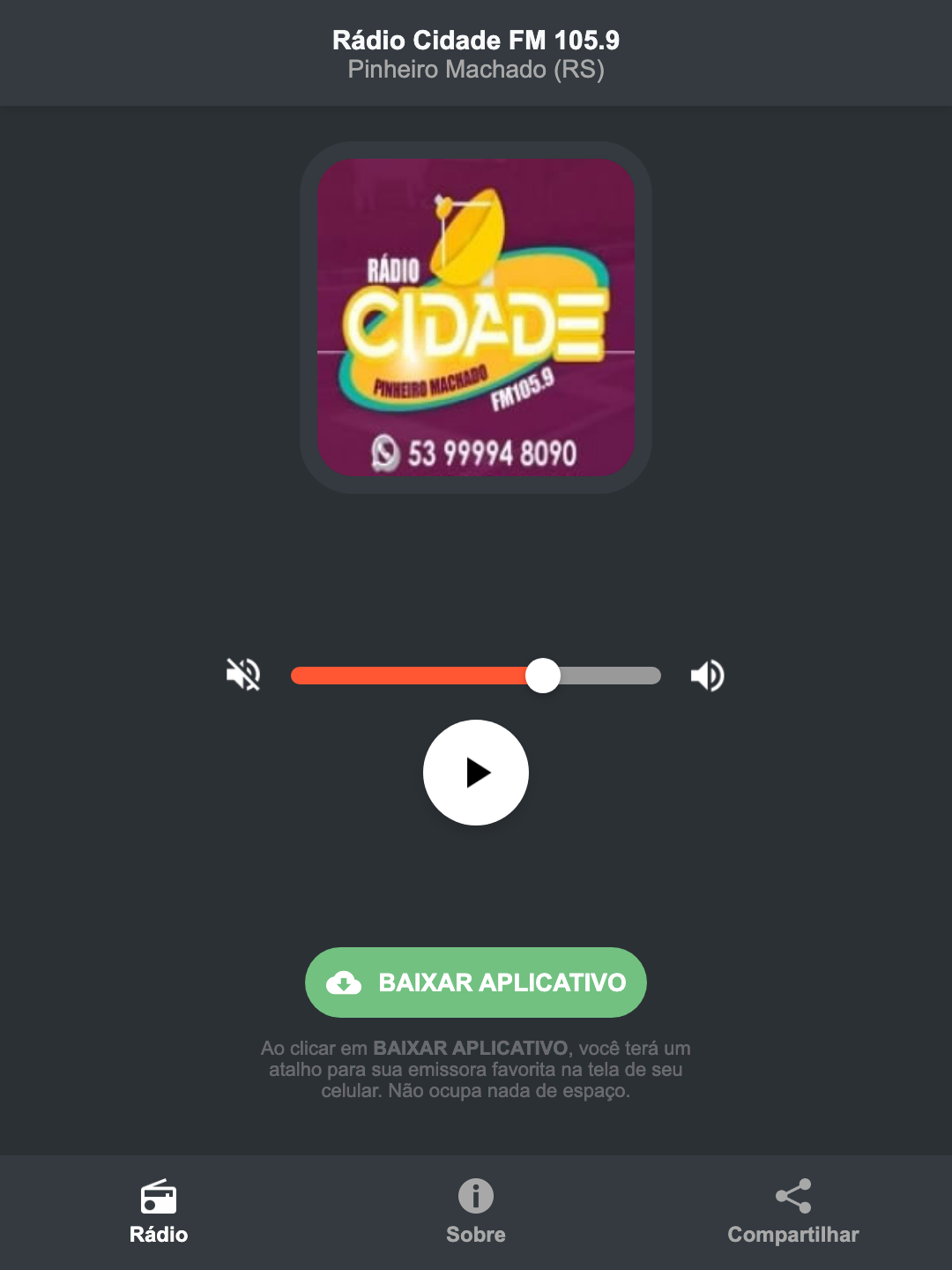 Screenshot do aplicativo da Rádio Cidade FM 105.9