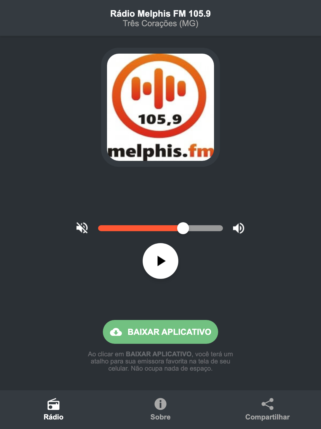 Screenshot do aplicativo da Rádio Melphis FM 105.9